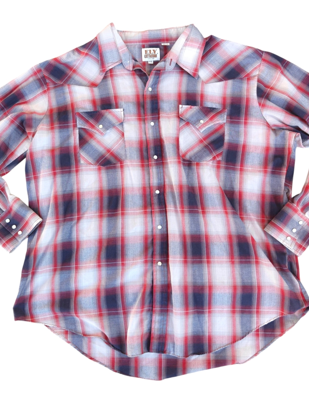 Ely Cattleman Western Shirt XXL Pearl Snap Plaid Red Blue Long Sleeve Mens Yoke